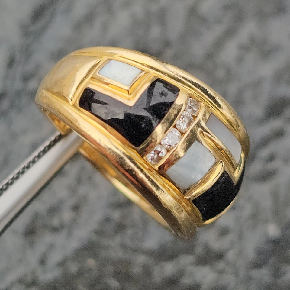 Asch Grossbardt Band Ring Onyx Mother Pearl MOP Diamond 9.7g sz 6.75 - Image 3 of 4