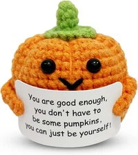Positive Crochet Pumpkin Plush with Funny Emotional Support Card Cute Fall Gift