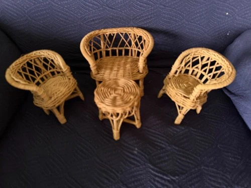4-piece Vintage Barbie Doll Wicker Furniture Set 2 chairs, couch and table