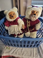 EUC VTG Raikes Bears Santa Mrs. Claus Wood Face Signed Feet Holiday Decor