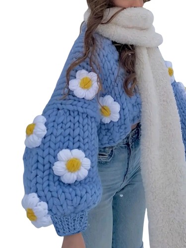 Chunky Knit Cardigan Crop Whimsy Open, Applique Daisys 3D, 21" Pit Pit States L - Picture 14 of 17