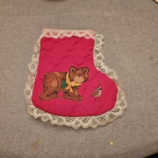 Quilted Christmas Mini Stocking Fabric Panel Cut & Sew Teddy Bear Bird Completed