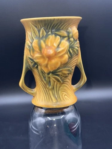 VTG Roseville Pottery USA 57-4 Yellow Green Peony Small Two Handled Vase MCM 4”
