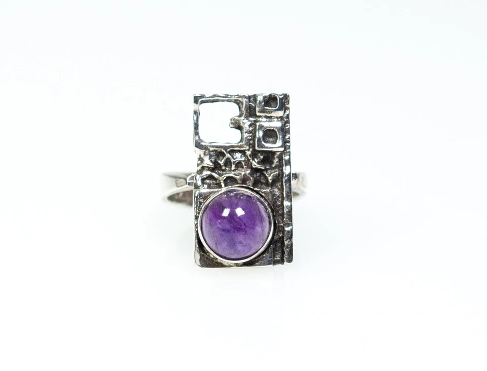 835 Argento - Anello Vintage Modernista/Brutalista - Ametista - Immagine 3 di 4