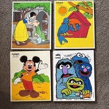 Vintage Lot of 4 Playskool Wooden Puzzles Sesame Street Snow White Mickey Mouse
