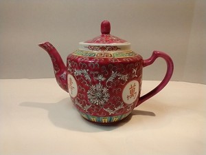 Vintage Chinese Pink / Red Famille Rose Tea Pot Porcelain Mun Shou Longevity