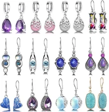 12 Pairs Teardrop Druse Crystal Drop Dangle Earrings for Women Cubic... 