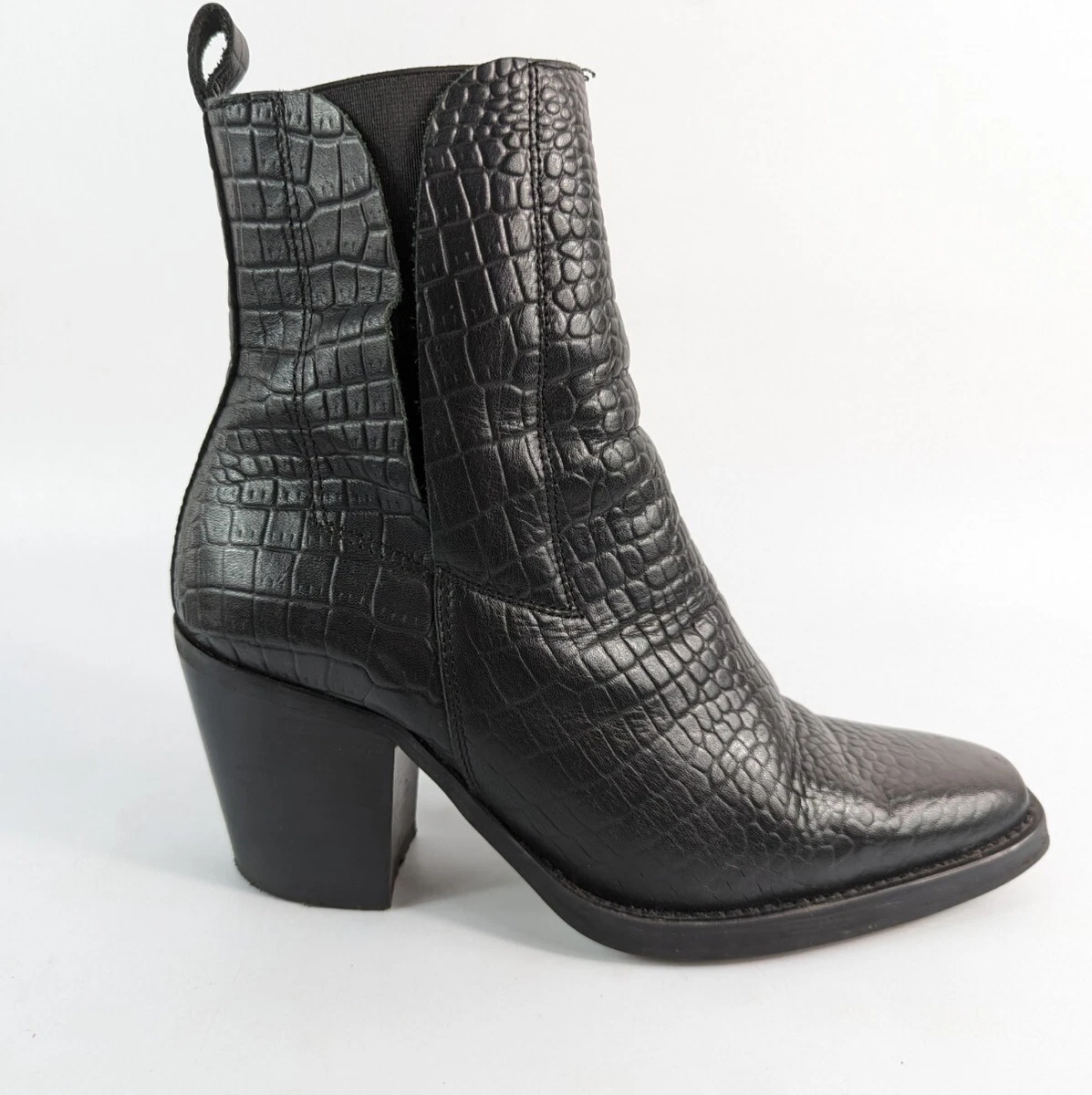 Topshop Black Reptile Print Leather High Heel Ankle Boots Uk 5 Eu 38