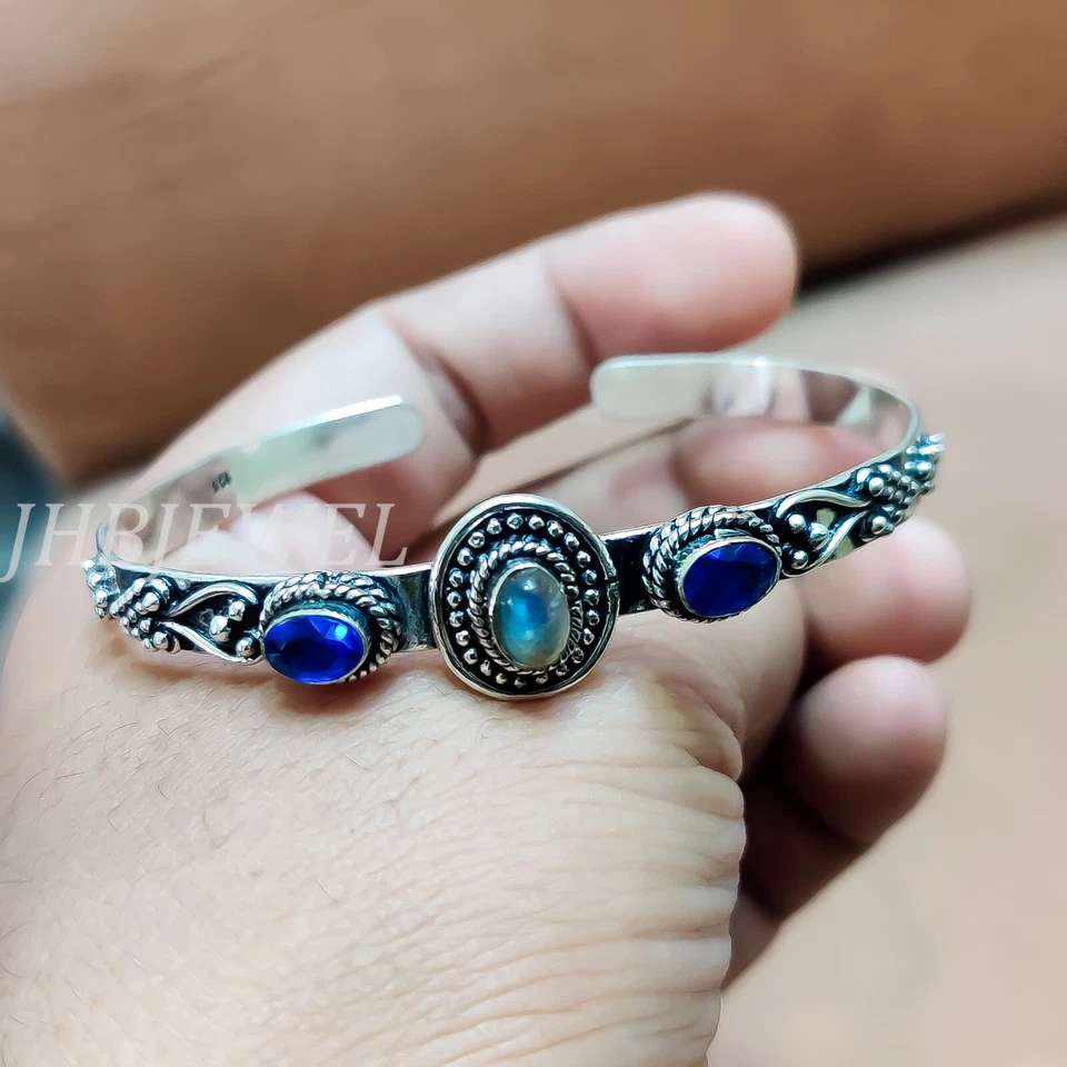 Blue Tanzanite, Labradorite Gemstone Bracelet 925 Sterling Silver Bangle /H-122 - Image 3 of 4