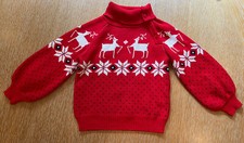 Janie Jack Red Reindeer Holiday Turtleneck Organic Sweater/ Balloon Sleeve Sz6