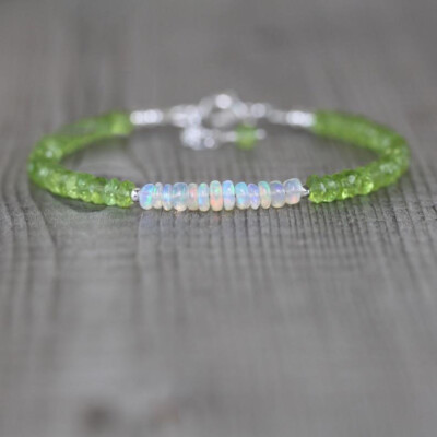 100% Natural Peridot Opal 3-5mm Faceted Rondelle Gemstone Beads Dainty Bracelet
