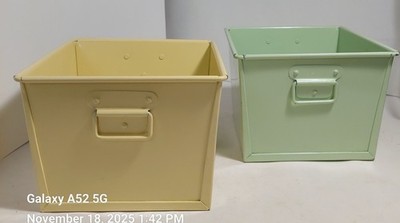 Two Pottery Barn Storage Green & Yellow Metal Box Square Organizers Bin
