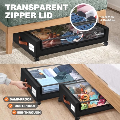 with Wheels Under Bed Storage Box Storage Rack for Clothes Shoes Blankets - Picture 3 of 10