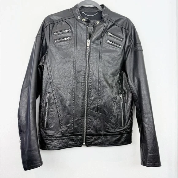 Chaqueta de cuero Diesel para hombre de piel de búfalo negra con cremallera completa talla mediana Foto 2 de 4