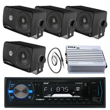 Pyle 3.5" Box Marine Speakers, PLMRB29B Marine AUX USB Radio, Antenna, 400W Amp