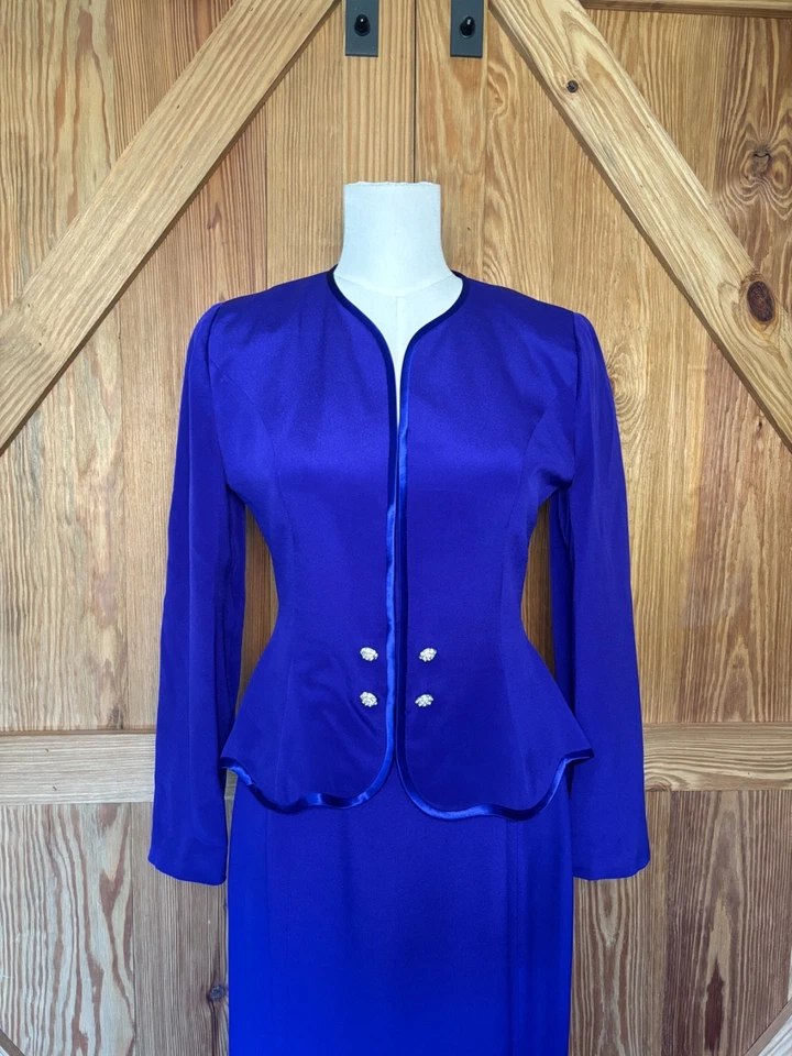 Conjunto de chaqueta y maxi falda vintage Rimini años 80 100 % seda peplum azul púrpura talla 4 Foto 4 de 4