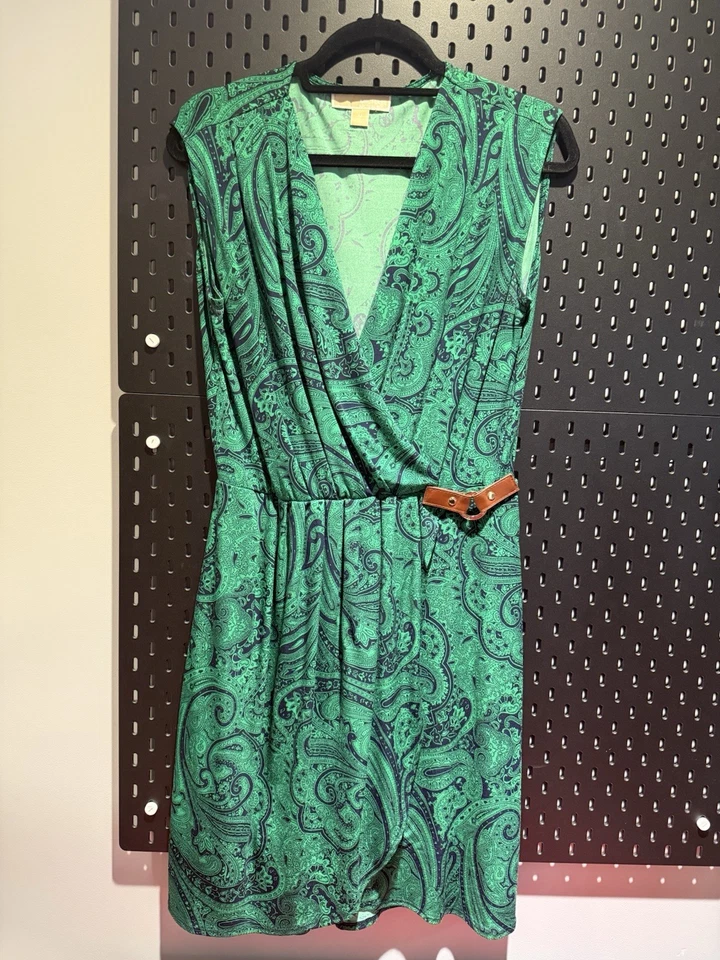 Vestido Michael Kors para mujer verde azul cachemira imitación envoltura cinturón acento, talla mediana Foto 2 de 4