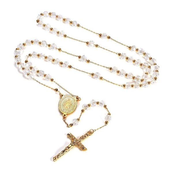 Rosenkranz Halskette Kreuz Edelstahl Kette Damen Herren Jungfrau Maria Medaille-image