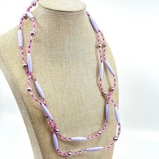 Vintage Lavender Purple Beaded Strand Necklace Long Boho Faux Pearl Mixed Beads