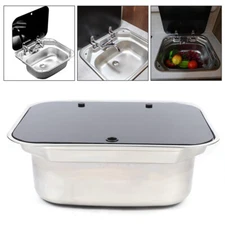Stainless Steel RV Sink Hand Wash Basin For Camper Caravan Trailer w/Lid +Faucet