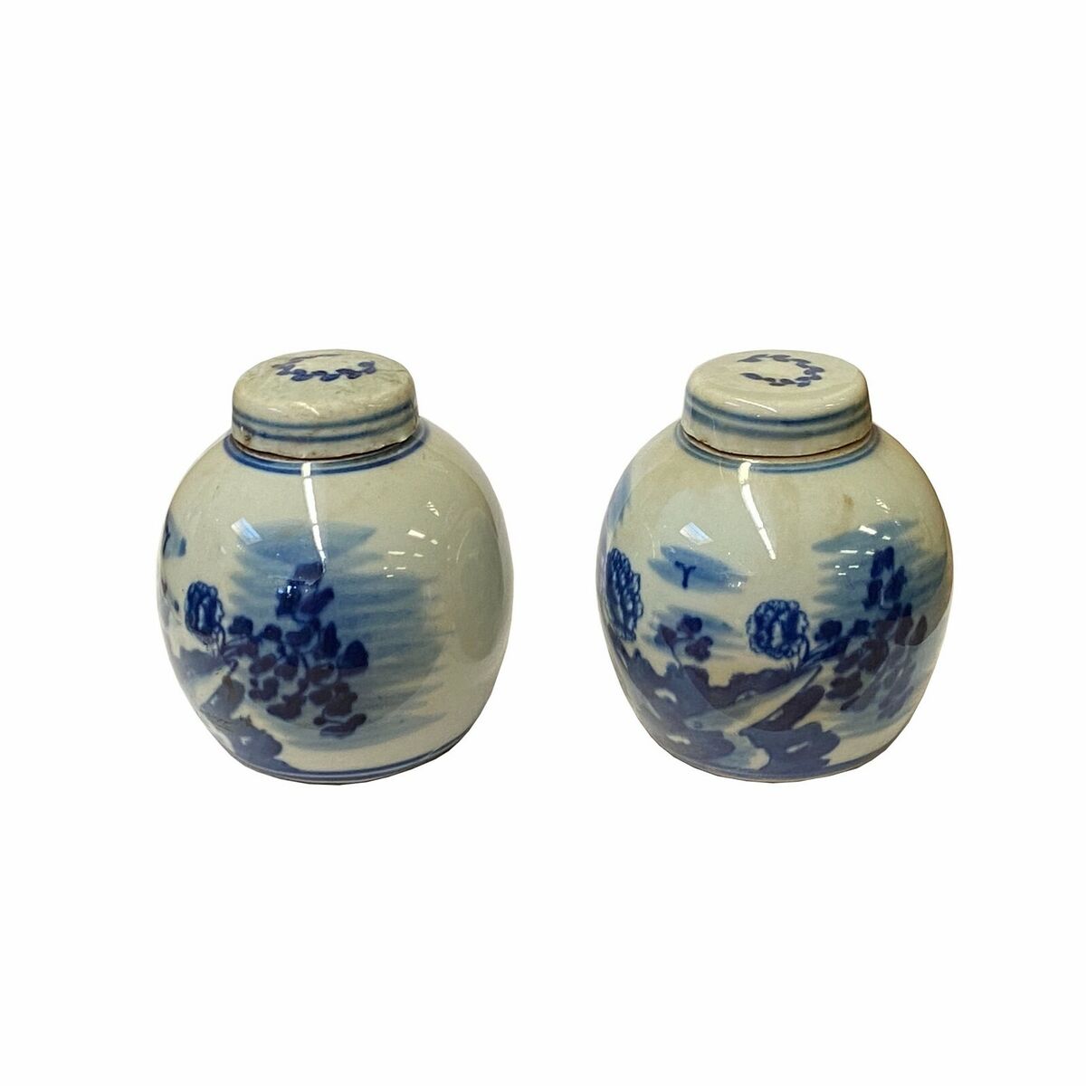 Pair Blue White Mini Oriental Large Flower Porcelain Ginger Jars ws1875S Pair Blue White Mini Oriental Large Flower Porcelain Ginger Jars ws1875S
