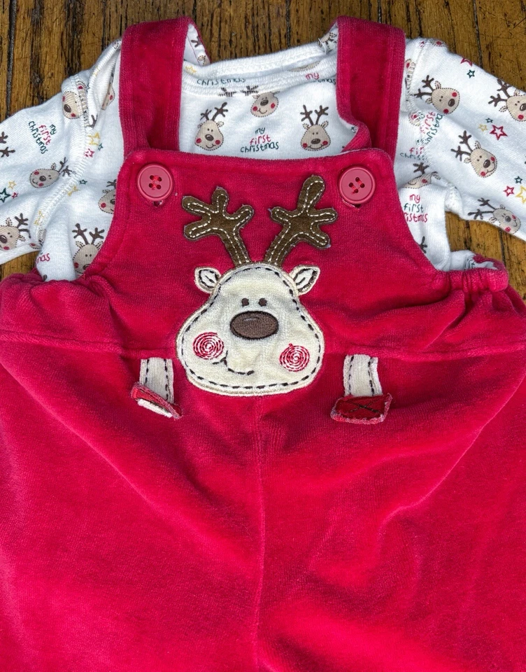 Vintage Red Velour Overalls w Top Baby Set 3 - 6 Months Reindeer First Christmas - Image 2 of 4