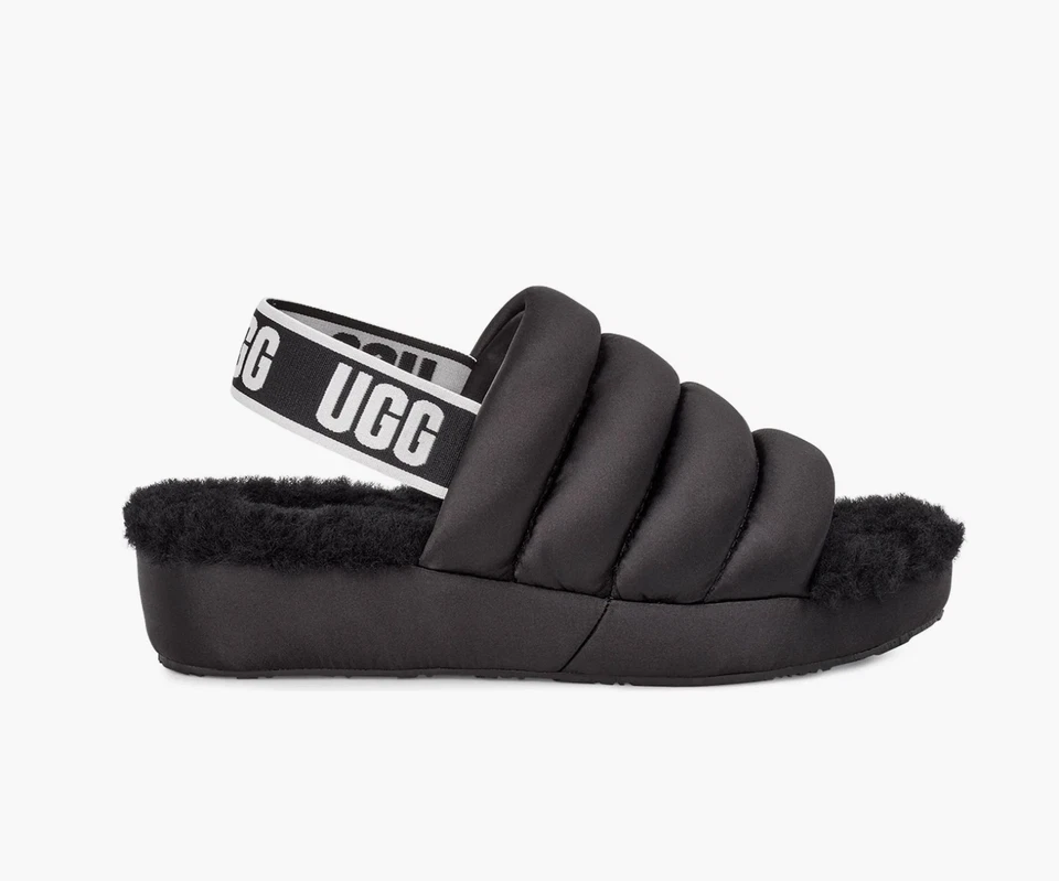 Zapatillas deslizantes UGG Z5536* para mujer negras satinadas piel de oveja Puff Yeah talla US 5 M Foto 3 de 4