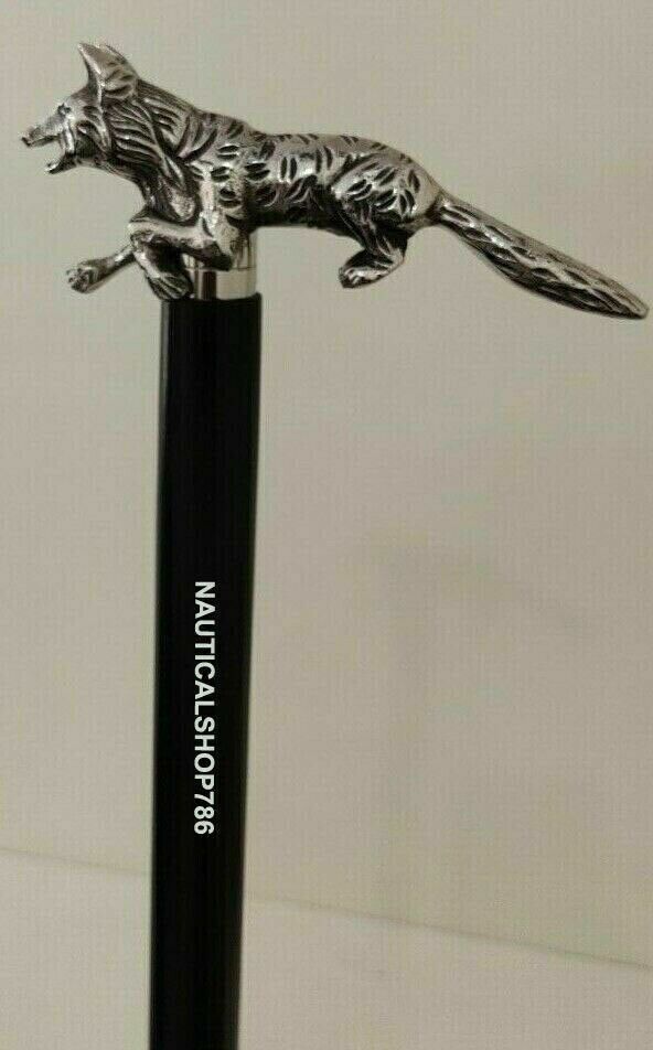 Unique Walking Stick Fox Head Handle Vintage Black Wooden Cane
