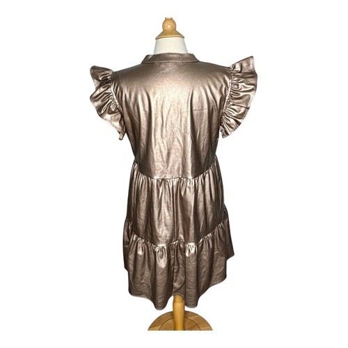 Entro Tiered Faux Leather Mini Dress Ruffle Sleeve Party Gold Size Large - Picture 8 of 12