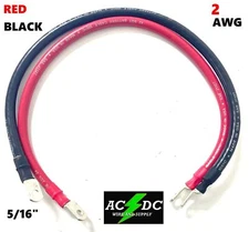 24 IN 2 AWG Gauge  5/16" Lug Battery Cable Inverter Cables Solar, RV, Car, Golf