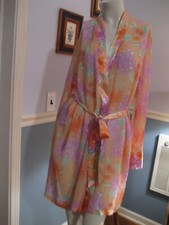 DELICATES SHEER MEDIUM ROBE TIE BELT, CANTELOUP W/HUGE MULTI-COLORED FLOWERS