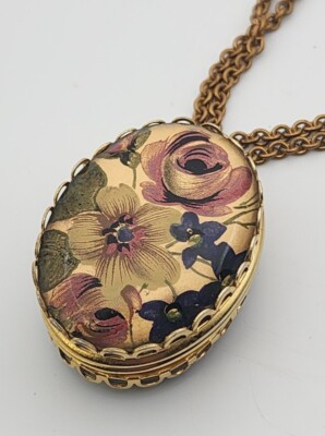 Vintage Unsigned Miriam Haskell Floral Oval Domed Glass Double Locket Pendant 