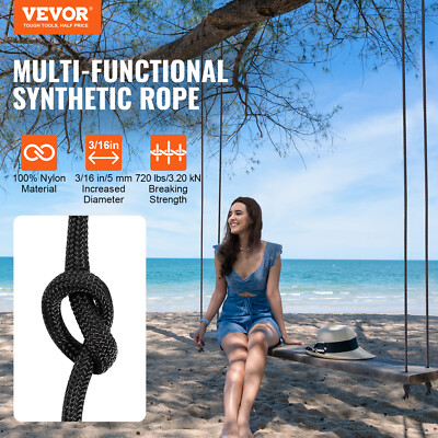 Corde VEVOR En Nylon Tressé - 304,8 M (1000 Pieds) - 5mm - Noire - Pour Escalade/gréement