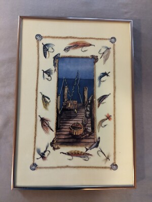 Fishing Scenery Embroidery on Linen Panel in Metal Frame Picture