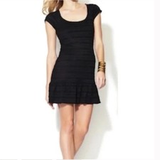 Free People Cozy Day Knit Black Flounce Cap Sleeve Ruffle Hem BoHo Mini Dress LG