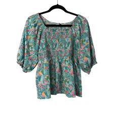 Michelle McDowell Women's Smocked Square Neck Puff Sleeve Tropical Floral Top
