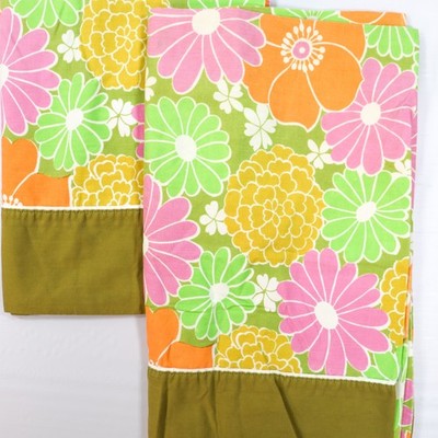Vintage Flower Power Pillowcases KING Size Pink Green Groovy Floral Mod 1970s
