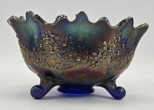 Antique c. 1911 Fenton Orange Tree Cobalt Blue Carnival Glass 12" Fruit Bowl