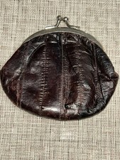 Genuine Eel Skin Kiss Lock Framed Coin Purse Wallet Vintage Brown