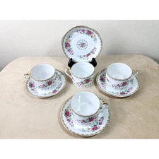 Lipper And Mann Teacup & Saucer 5 1/2" Pink Roses Gold Trim 4 Sets Japan Vintage