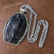 Handmade Gold Sheen Obsidian Our Lady of Guadalupe Tibet Silver Pendant Necklace