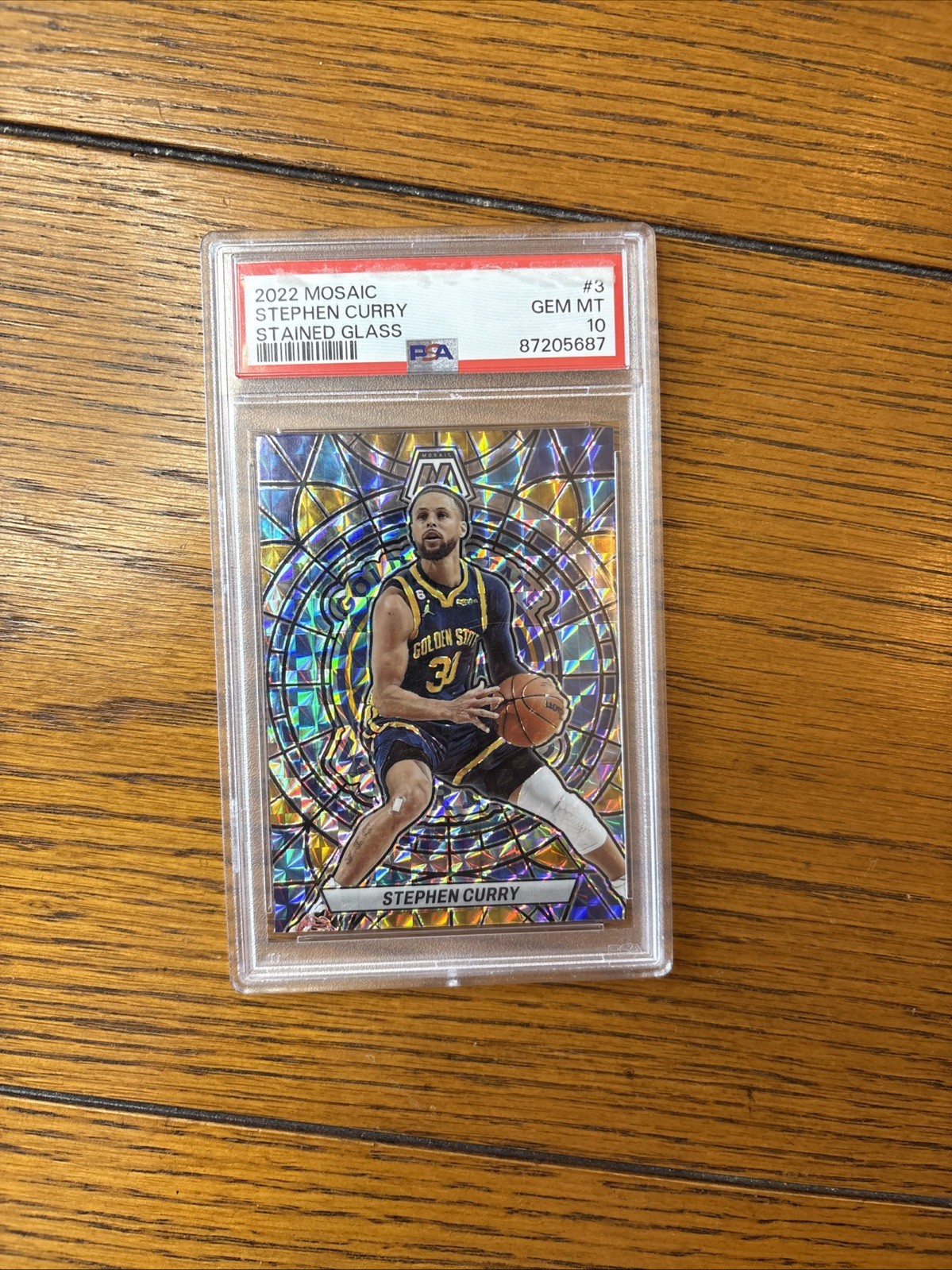 2022-23 Panini Mosaic Stephen Curry #3 Stained Glass Case Hit SSP PSA 10