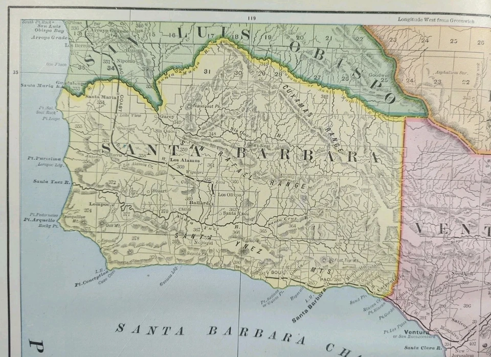 Antique 1892 SANTA BARBARA VENTURA LOS ANGELES ORANGE COUNTIES CALIFORNIA Map - Image 3 of 4