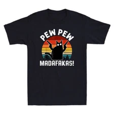 Black Cat Pew Pew Madafakas! Funny Meme Vintage Retro Men's Short Sleeve T-Shirt