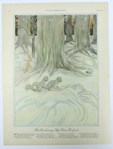 The Awakening Oliver Herford 1927 Magazine Print Bluebird Squirrels Rabbits Tree - Picture 2 of 8
