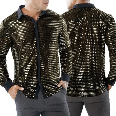 Langarm Herren Retro Disco Nachtclub glitzernde Pailletten Party Tanz Shirt Tops
