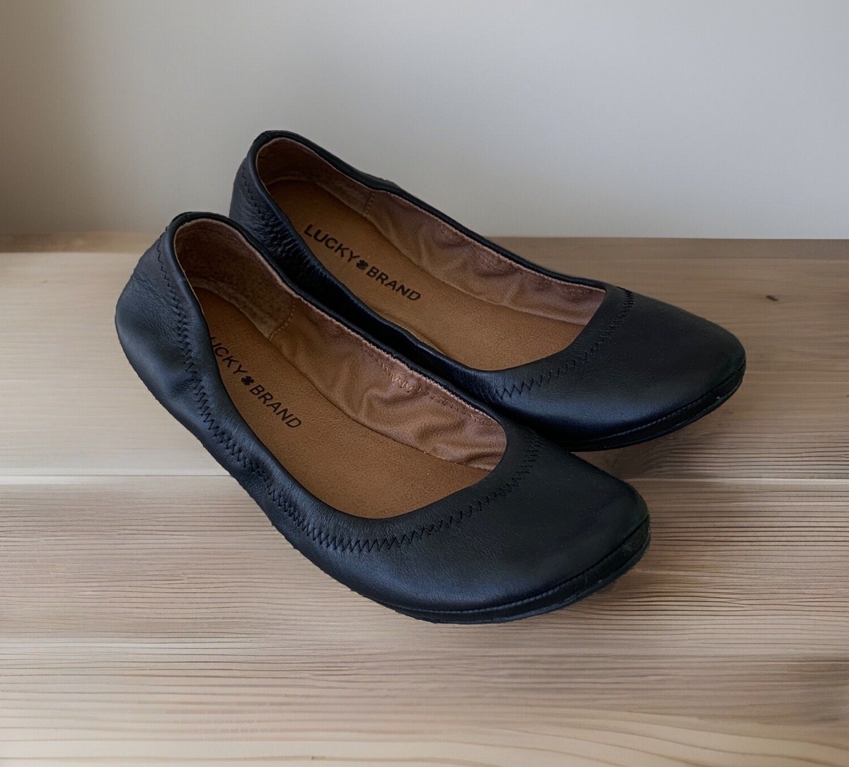 Lucky Brand Womens Emmie Ballet Flats Black Leather Stretch Comfort Shoes 