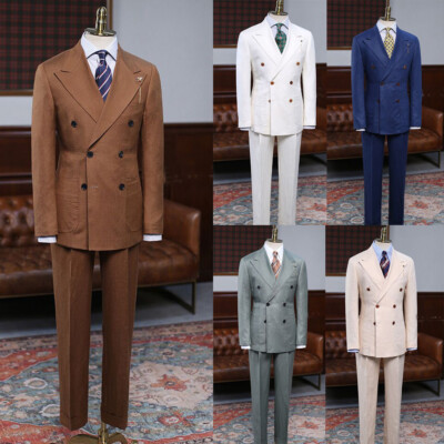 Summer Linen Men's Suits Double Breasted Jacket 2Pcs Daily Wedding Groom Tuxedos