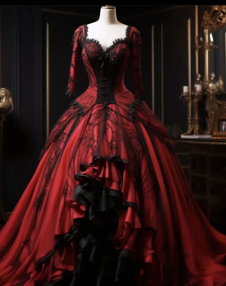 Red Gothic Satin Wedding Dresses Long Sleeves Black Lace High Low Bridal Gowns - Image 3 of 4