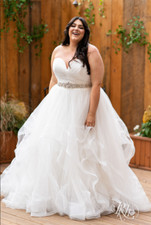 Plus Size Strapless Ruffled Ball Gown Wedding Dress Crystal Beaded Sash Train